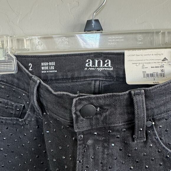 NWT a.n.a. Embellished High Rise Wide Leg Jeans Woman Sz 2 Black Onyx Rhinestone - Picture 8 of 8